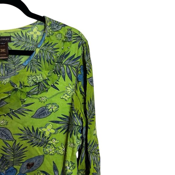 Multiples Top Women XL Green Multicolor Boho Artsy Floral Bell Sleeves Blouse - Picture 3 of 8